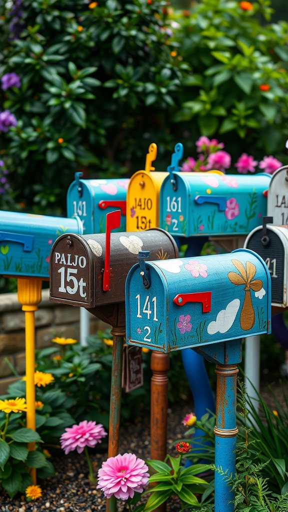 A collection of colorful painted mailboxes surrounded by flowers