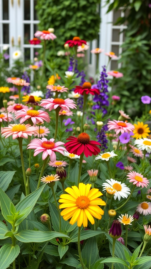 A vibrant garden filled with colorful perennial flowers, showcasing a mix of daisies, coneflowers, and other blooms.