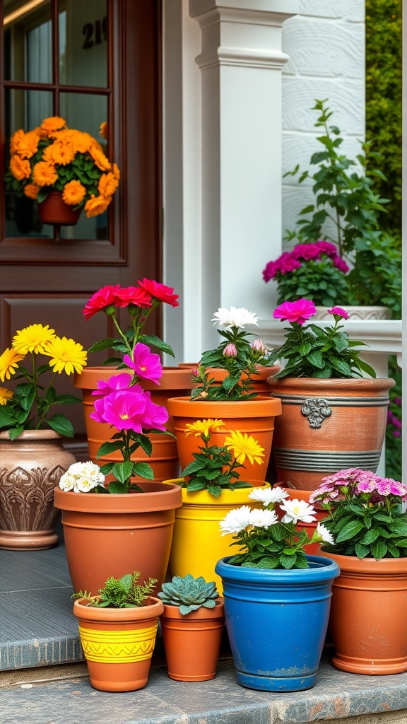 A collection of colorful terracotta pots filled with various flowers, arranged on steps near a door.