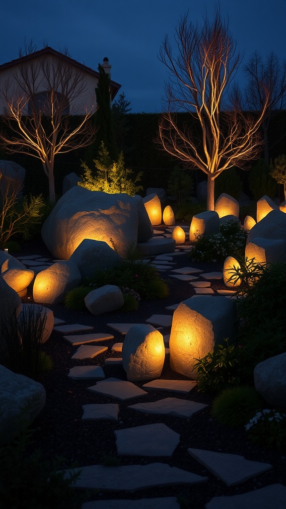 A beautifully lit garden featuring boulders and a stone pathway at night.