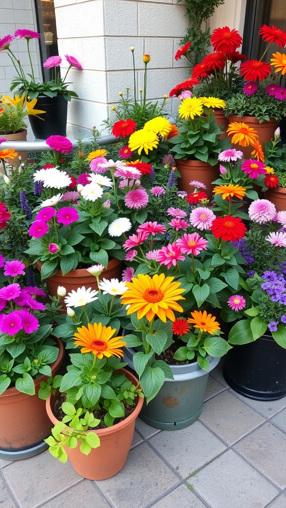 A colorful display of various flowers in pots, showcasing a vibrant container garden.