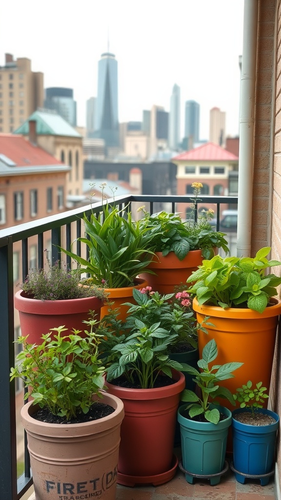 A balcony filled with various colorful pots of plants, showcasing container gardening in an urban setting.