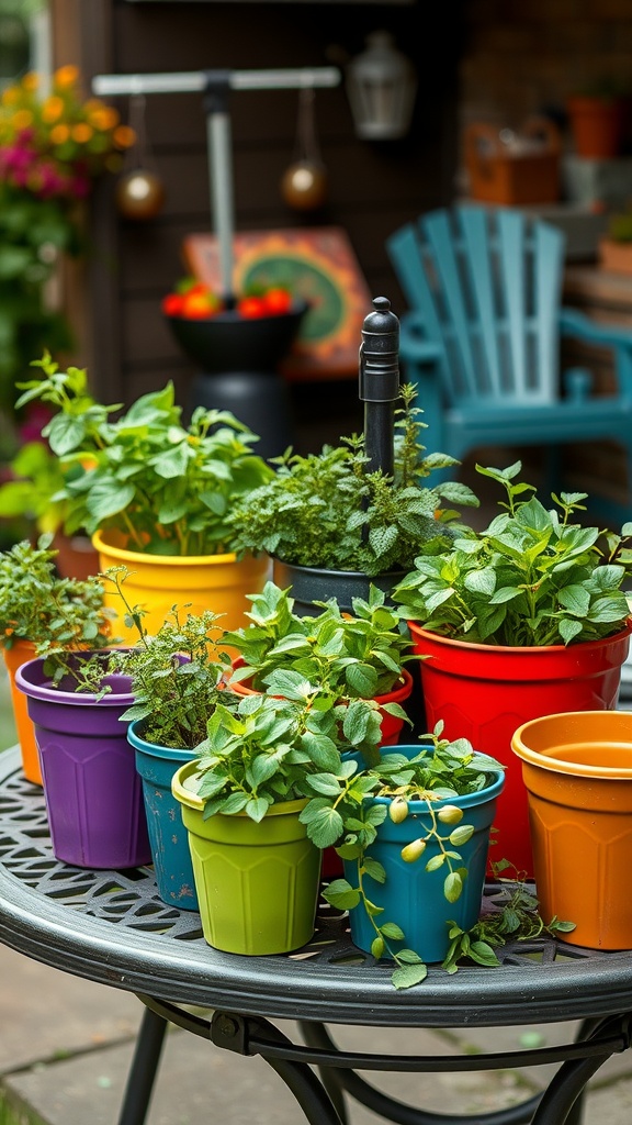 Colorful pots filled with various herbs on a table.