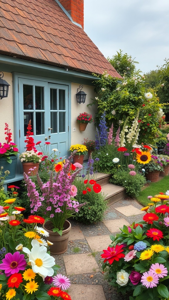 A charming cottage garden filled with vibrant flowers and a welcoming pathway.
