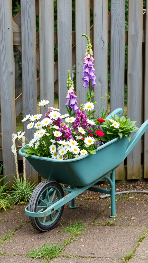 A blue wheelbarrow filled with colorful flowers, including daisies and foxgloves, set against a wooden fence.