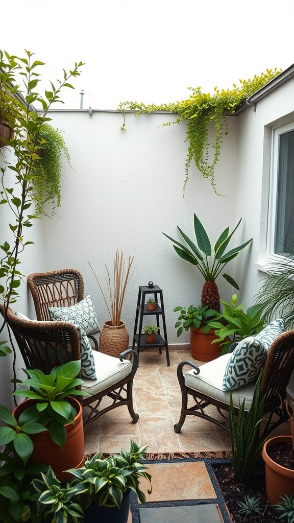 A cozy garden seating nook with wicker chairs, cushions, and various plants in pots.