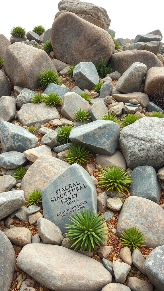 A natural rock garden featuring various sizes of boulders and green plants.