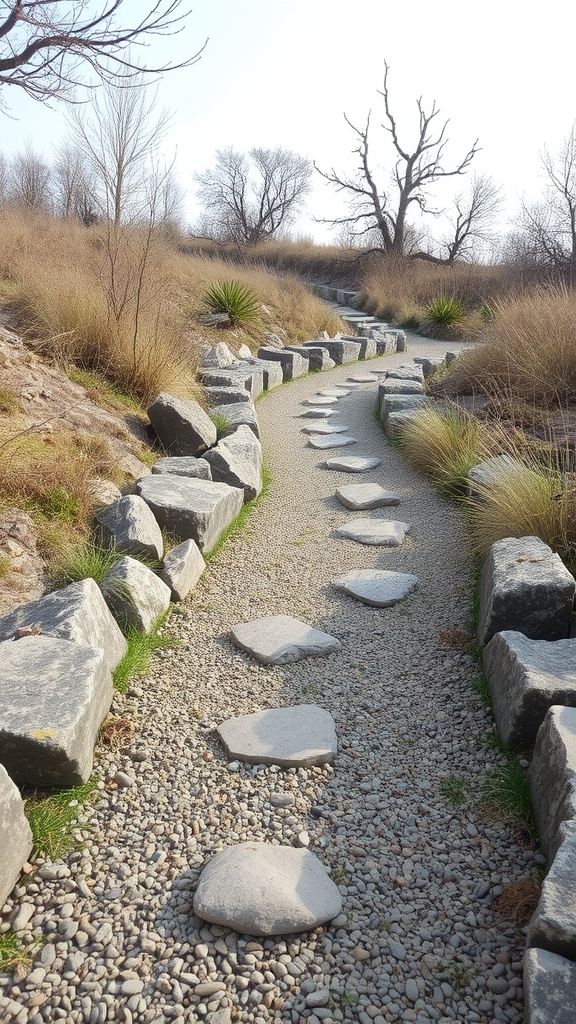 A rustic pathway lined with boulders and smooth stones, surrounded by grass and sparse trees.