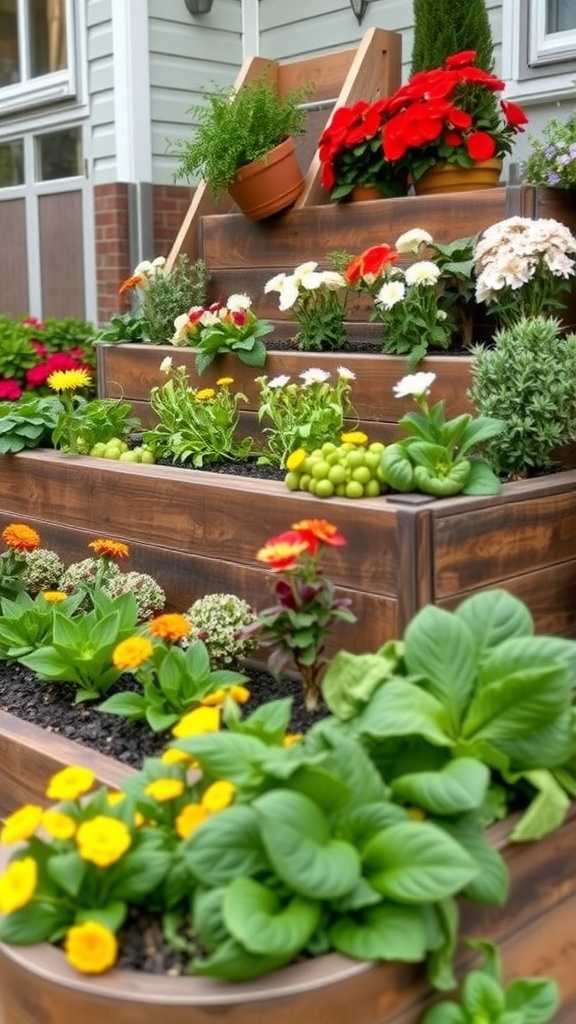 A tiered raised garden bed with colorful flowers and plants in a wooden structure.