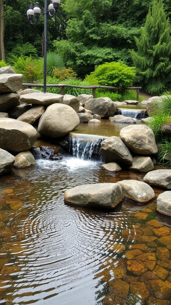 A serene water feature with boulders, featuring a small waterfall flowing into a calm pool surrounded by greenery.