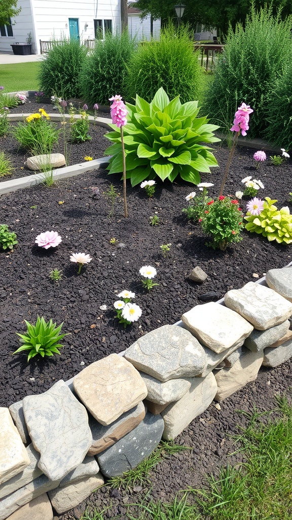 A garden bed with decorative stone edging and colorful flowers.