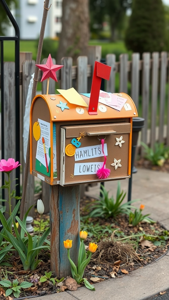 A colorful DIY mailbox decorated with flowers and stars, standing on a wooden post.