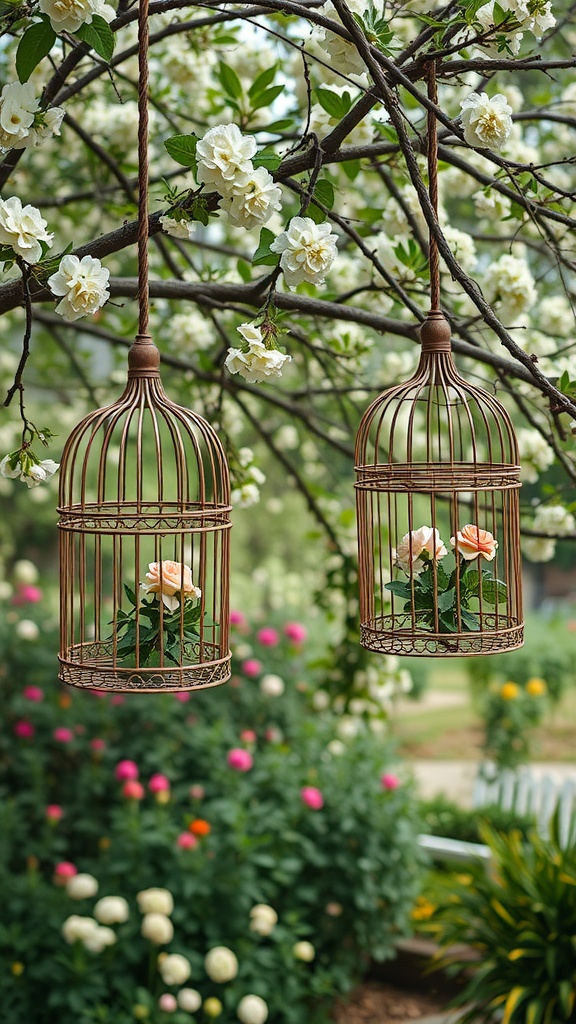 Two decorative birdcages hanging from a tree branch, each containing roses, surrounded by blooming flowers.