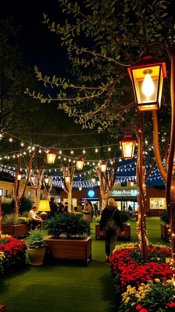 A beautifully lit garden at night with lanterns hanging from trees and vibrant flowers in planters.