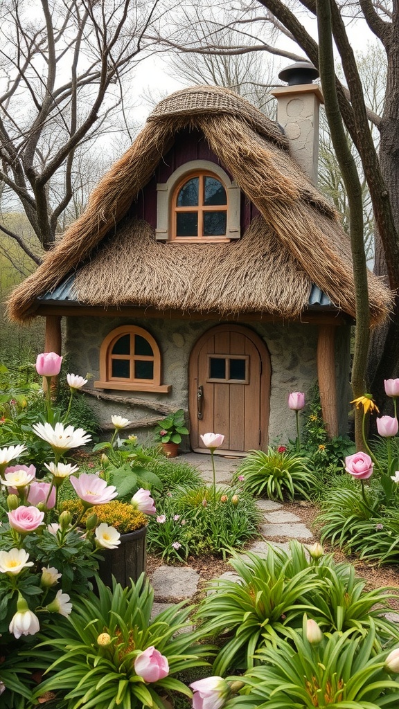A charming fairy cottage with a thatched roof surrounded by colorful flowers and greenery.