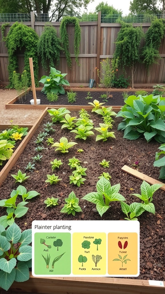 A raised garden bed with various plants and a companion planting chart.