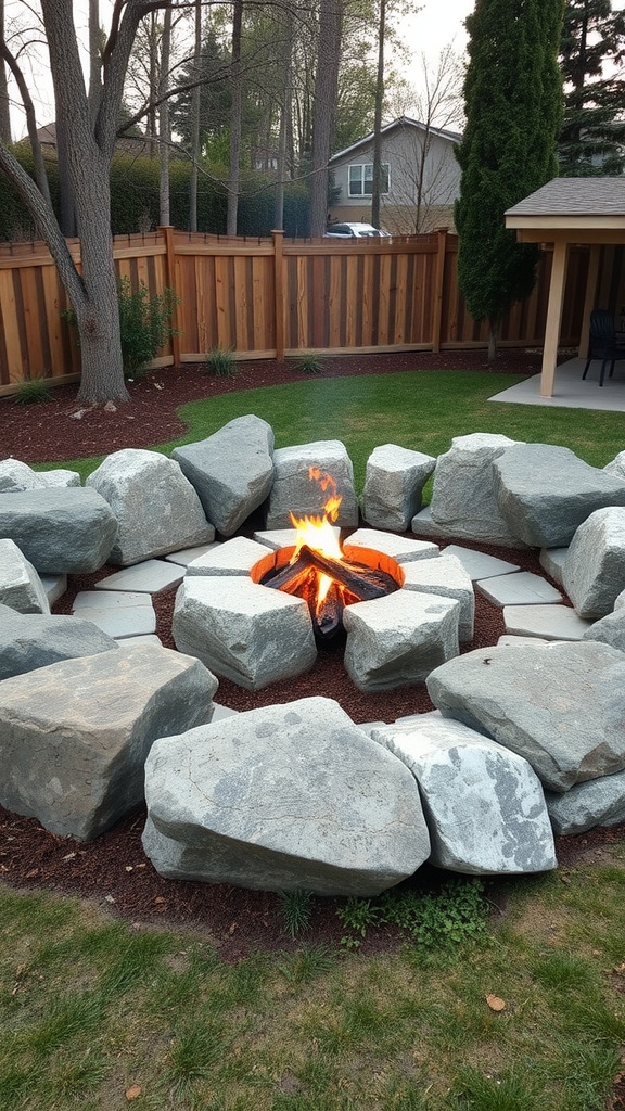 A fire pit area surrounded by large boulders, featuring a warm fire in the center.