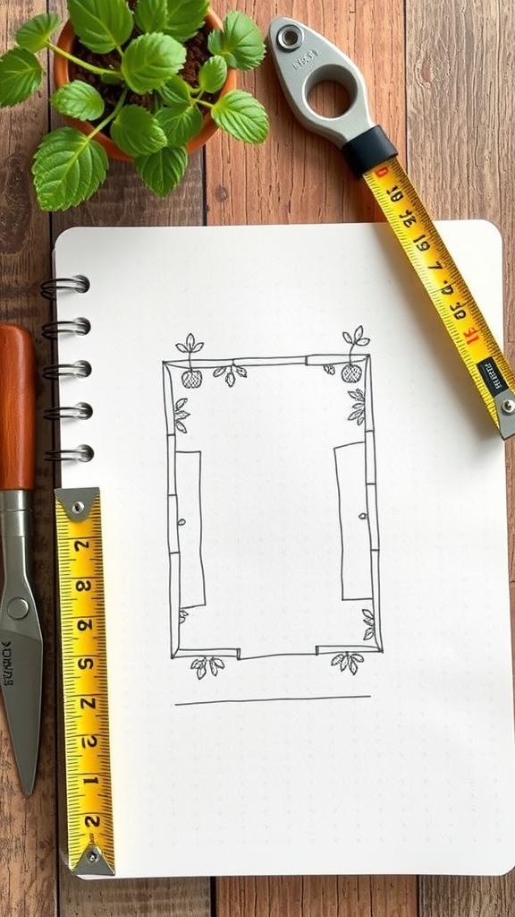 A sketch of a raised garden bed layout with measuring tools and a small potted plant.
