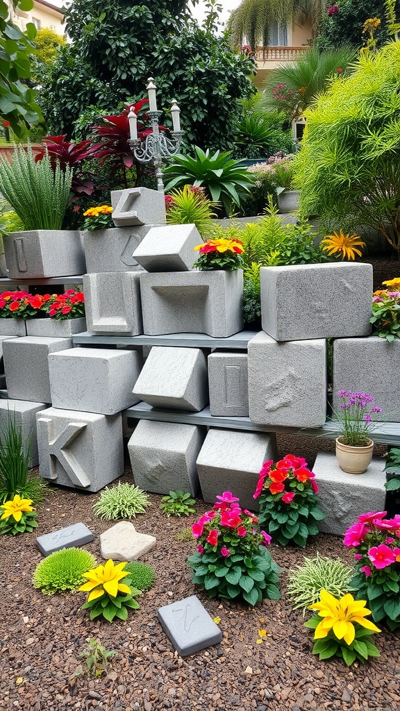Colorful arrangement of concrete blocks used as planters in a garden setting.