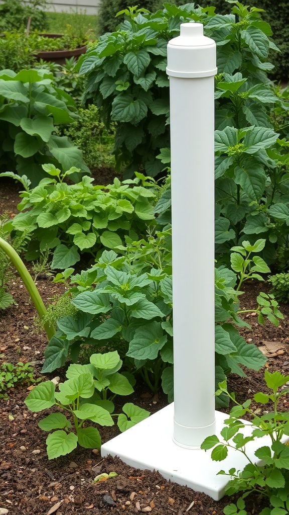 A white PVC obelisk in a garden surrounded by green plants.