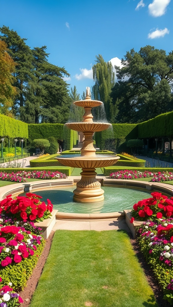 A beautiful multi-tiered fountain surrounded by colorful flowers and greenery in a Victorian garden.