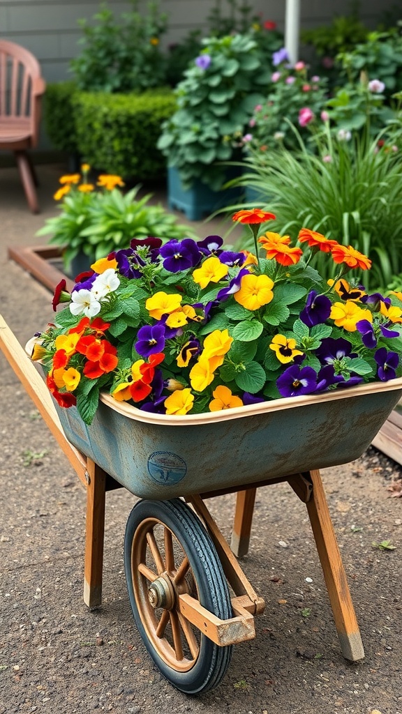 A wheelbarrow filled with colorful pansies and nasturtiums, showcasing an edible flower arrangement.