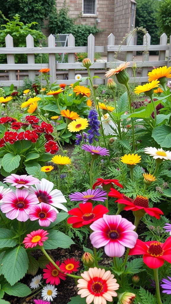 A colorful edible flower garden with various flowers blooming.
