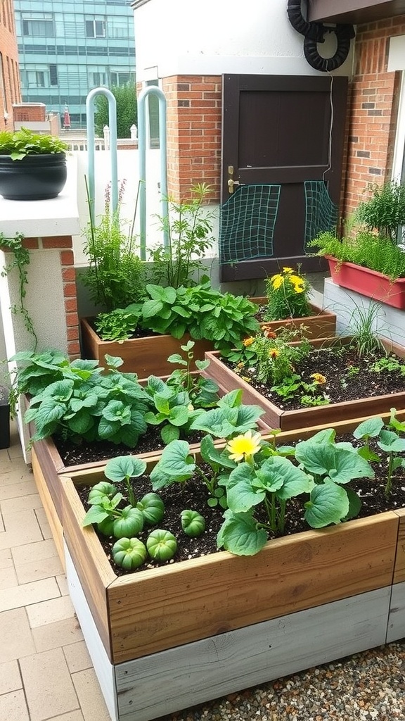 A small urban garden with raised beds filled with various plants including vegetables and flowers.