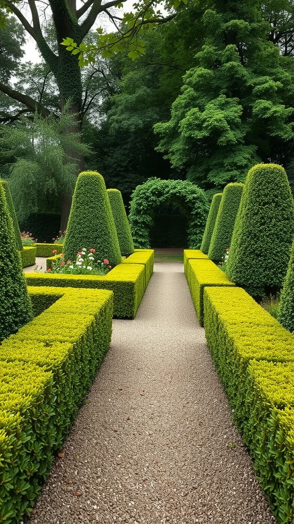 A garden pathway lined with neatly trimmed boxwood hedges and colorful flowers.