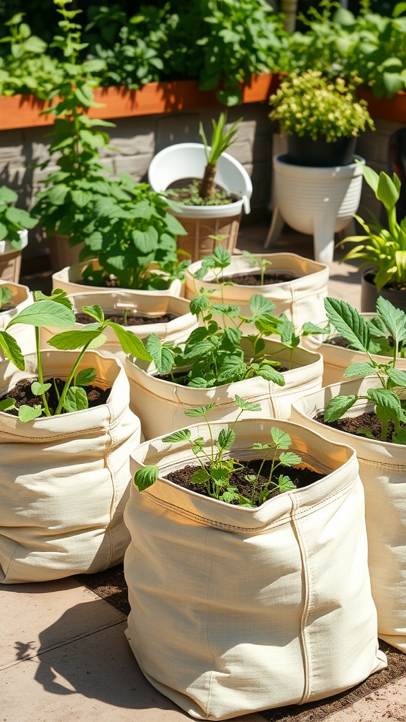 Several fabric grow bags filled with plants in a sunny outdoor setting.