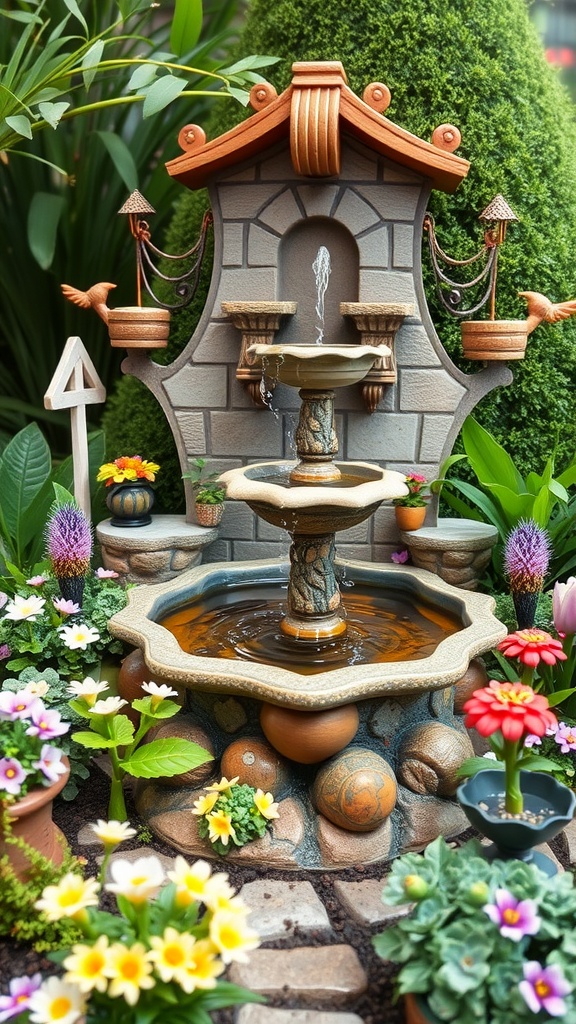 A decorative fairy garden fountain surrounded by colorful flowers and greenery.
