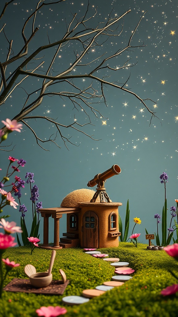 A whimsical fairy garden observatory with a telescope, surrounded by colorful flowers and a starry sky.