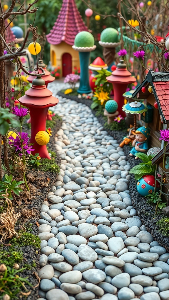 A charming fairy garden pathway made of smooth stones, surrounded by colorful decorations and flowers.