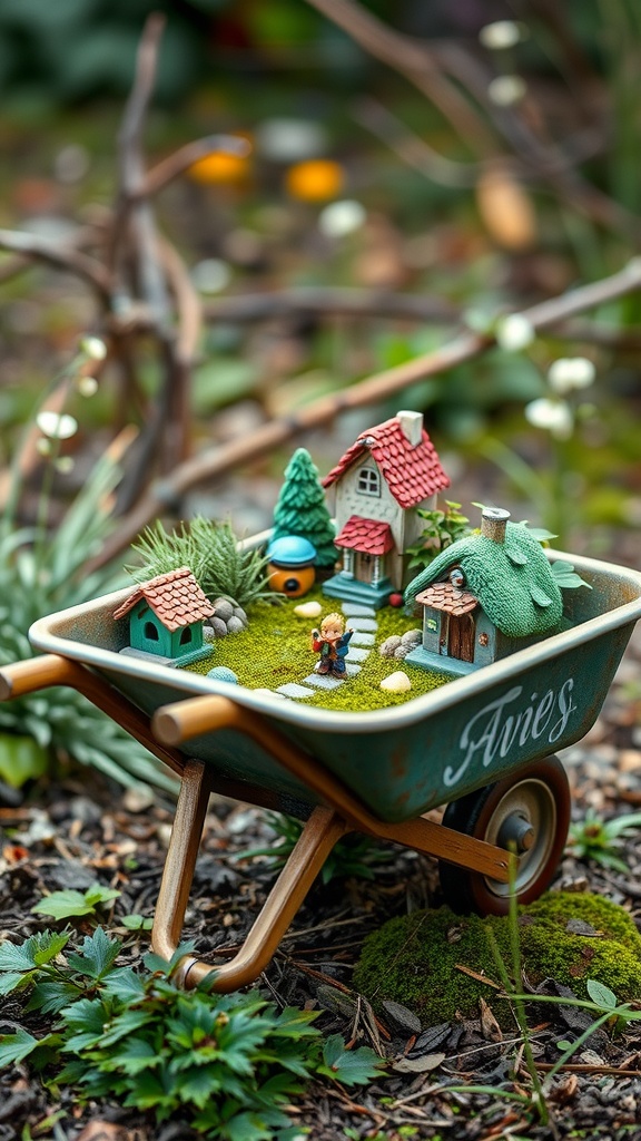 A whimsical fairy garden created in a wheelbarrow, featuring tiny houses, a figure, and lush greenery.