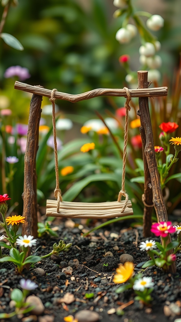 A miniature fairy swing set made of twigs and wood, surrounded by colorful flowers in a garden.