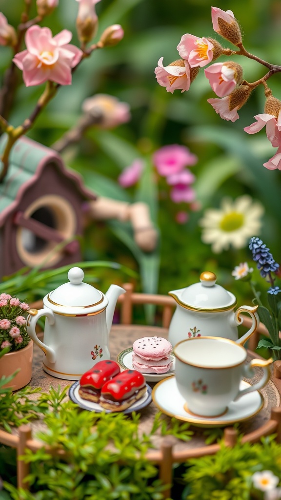 A charming fairy tea party setup with a delicate tea set, colorful treats, and lush greenery.
