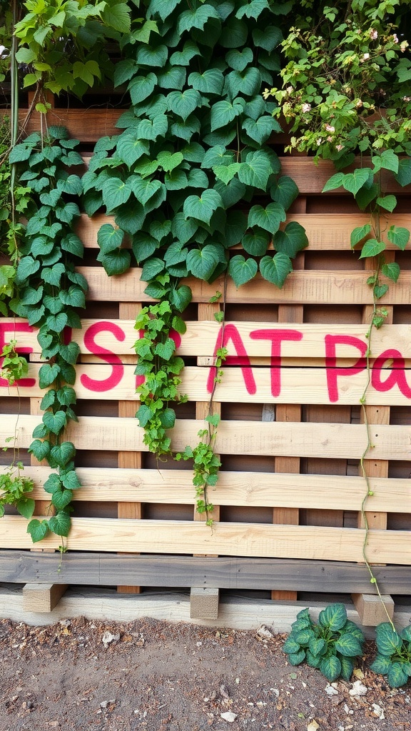 Wooden pallet fence with green vines and painted letters.