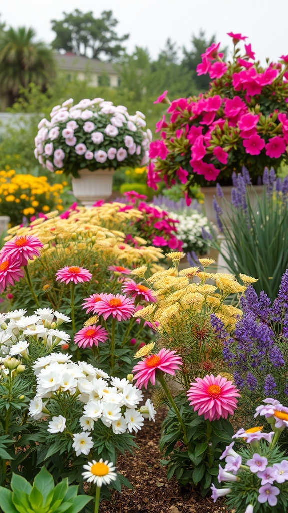 A colorful flower garden featuring pink, white, and yellow blooms with flowering shrubs and perennials.
