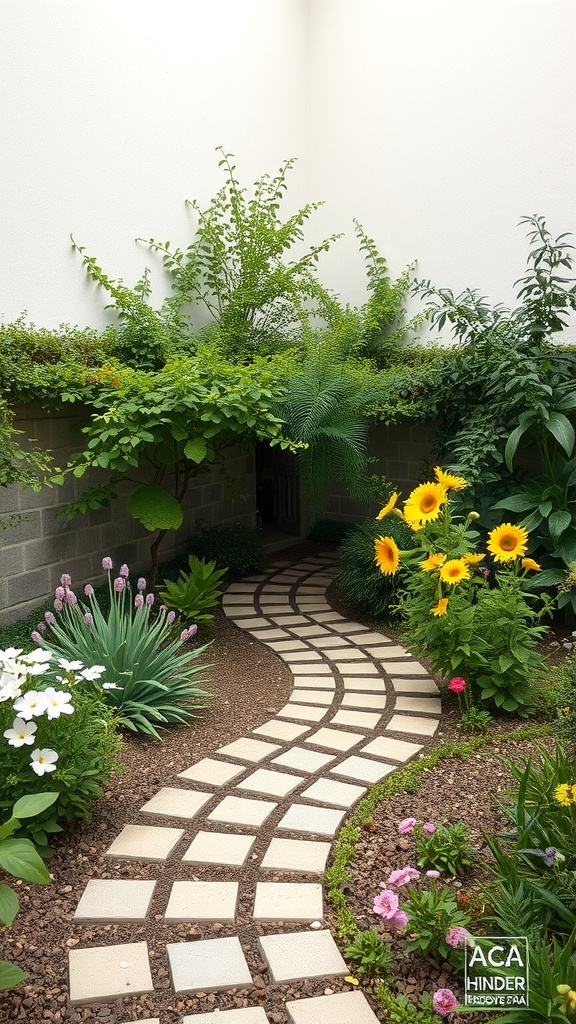 A winding garden pathway made of square stones, surrounded by colorful flowers and lush greenery.