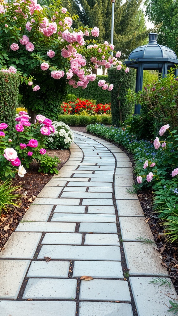 A winding garden pathway made of pavers, surrounded by colorful flowers and greenery.