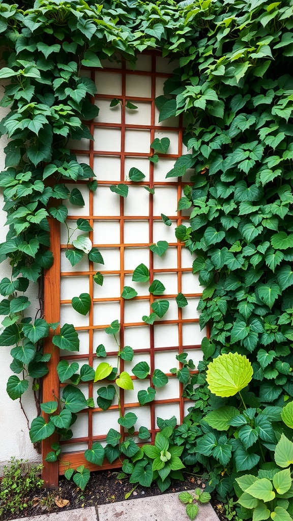 A wooden trellis covered in green climbing plants, creating a natural backdrop in a garden.