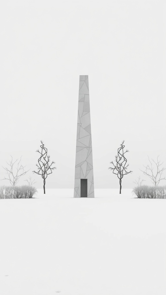A tall geometric concrete obelisk surrounded by snow and twisted trees.