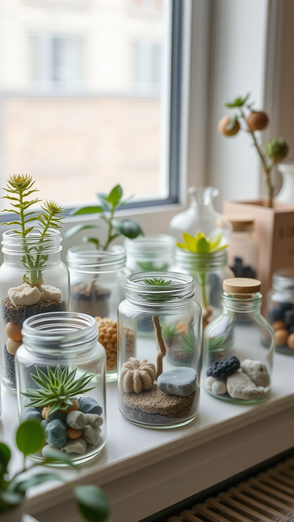 A collection of glass jar terrariums with various plants and decorative stones on a windowsill.