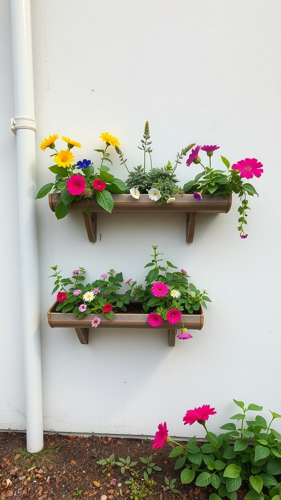 Two wooden planters filled with colorful flowers mounted on a wall.