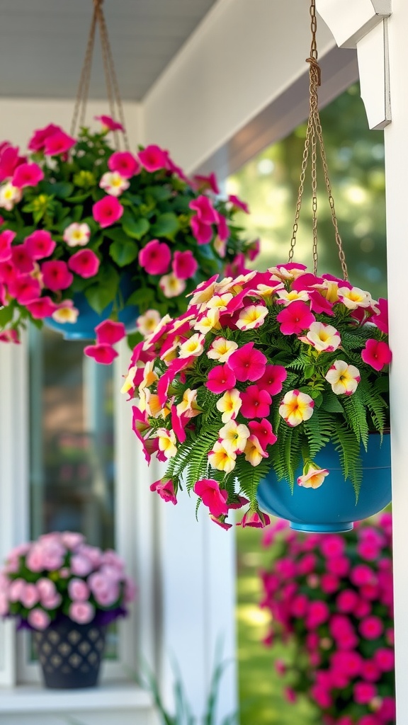 Colorful hanging baskets filled with pink and yellow flowers, enhancing the outdoor space.