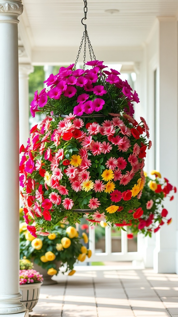 Vibrant hanging flower baskets filled with pink, yellow, and red flowers, enhancing a porch area.