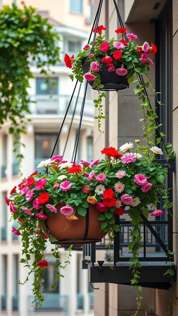 Colorful hanging flower pots on a balcony