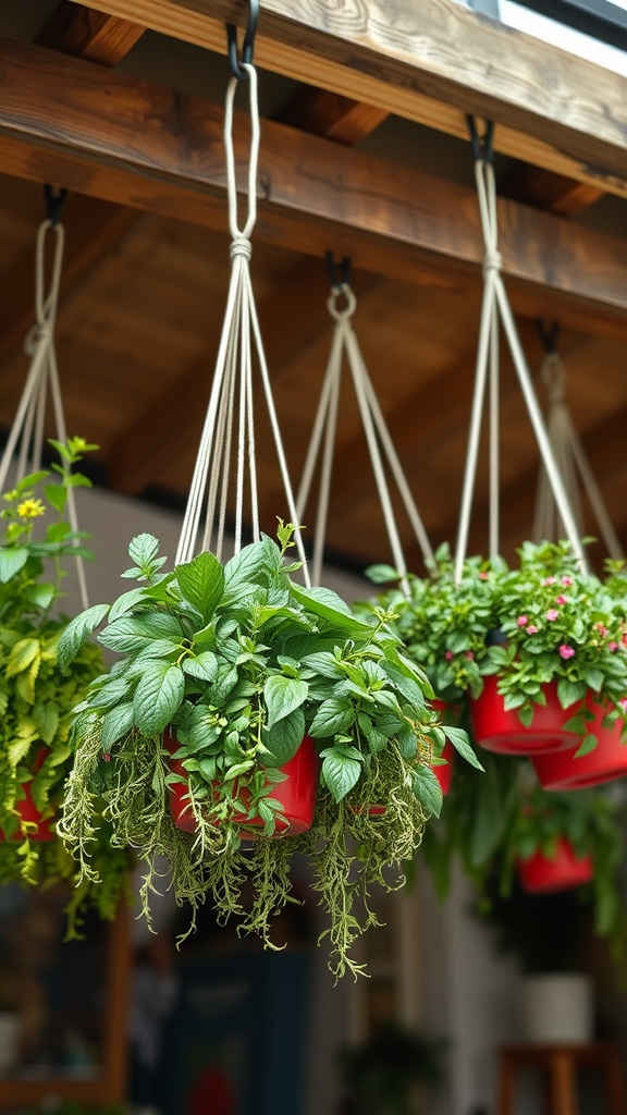 Hanging baskets filled with various herbs, showcasing vibrant green leaves.