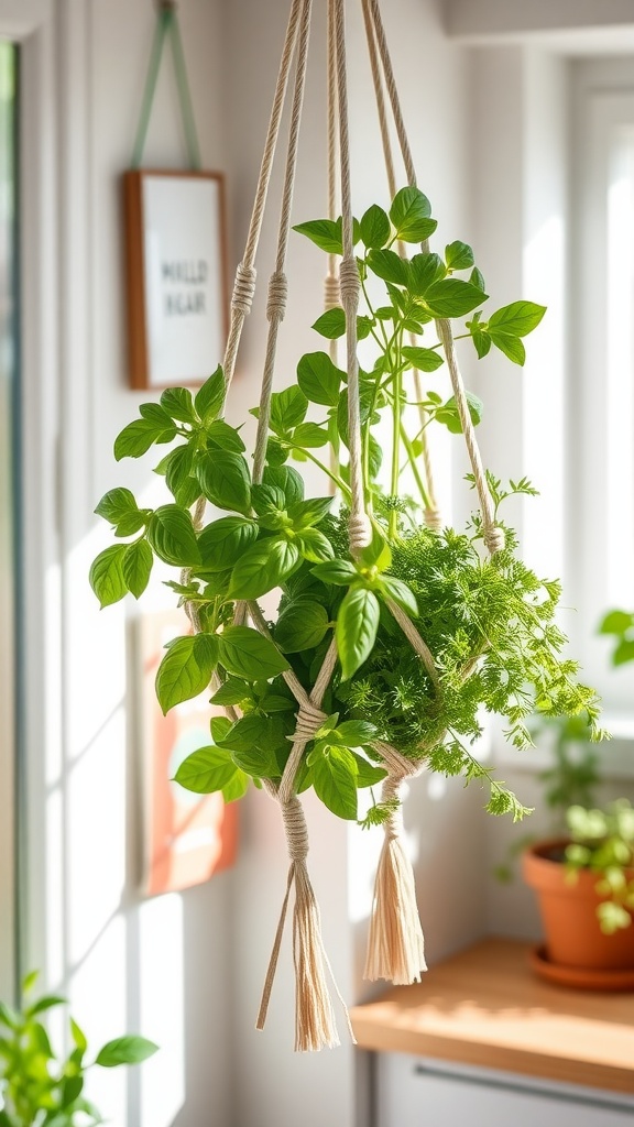 A macrame hanging planter with fresh herbs like basil and parsley, brightening up a kitchen space.