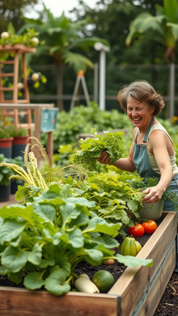 A smiling gardener harvesting fresh greens and tomatoes from a raised garden bed.